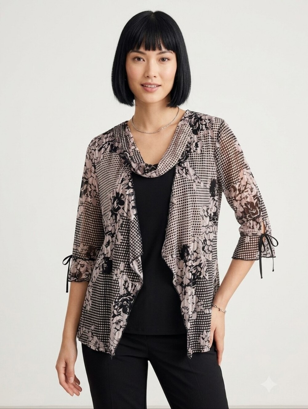 Emotions Chic Layered Cardigan Top,Floral & Polka Dot Mesh,cottagecore, Size L